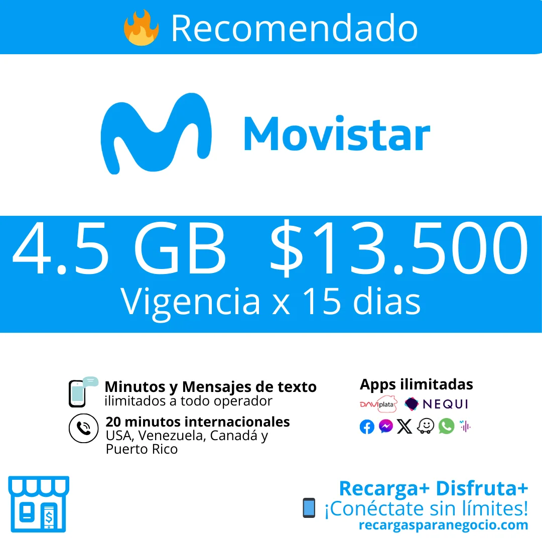 Paquete Movistar 4.5 GB con Minutos y Apps Gratis por 15 días