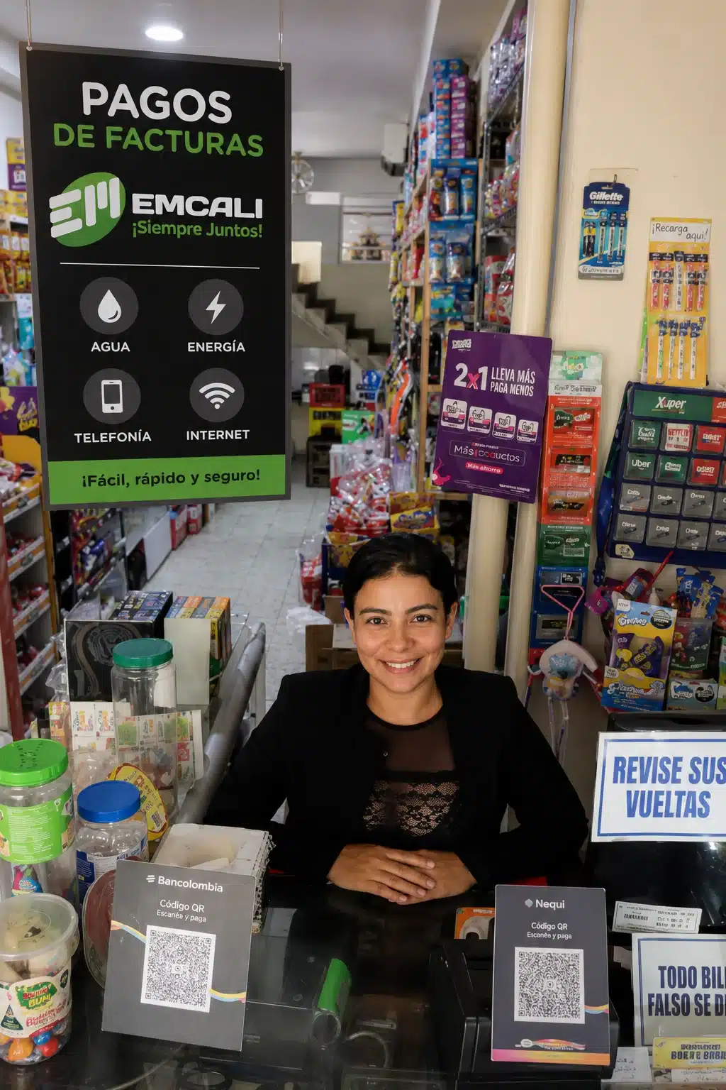 Negocio en Cali ofrece recargas, pagos Emcali y corresponsalía.